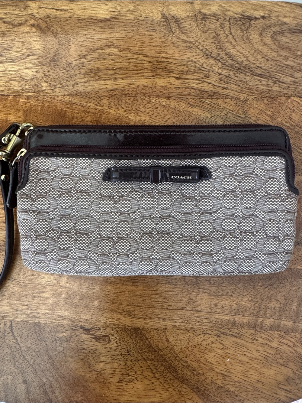 Coach Signature Canvas Wristlet in Beige and Dark Brown